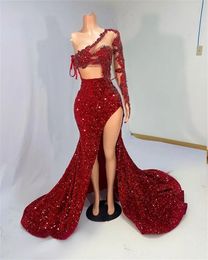 Sexy Red One Shoulder Prom Party Dresses 2023 One Shoulder Backless Plus Size Sparkly Sequins Split Evening Occasion Gowns Robe