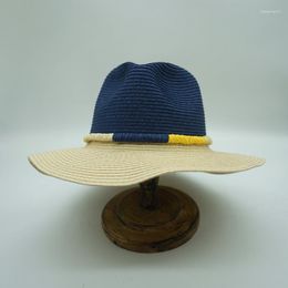 Wide Brim Hats Women Two Tongs Panama Straw Hat Summer Sun Band Blue Beige Patchwork Floppy Beach Kentuky Travel