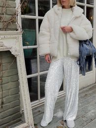 Women's Pants Women S Sparkly Sequin Wide Leg High Waist Flared Trousers With Elastic Waistband Glittery Bottoms For Summer Casual