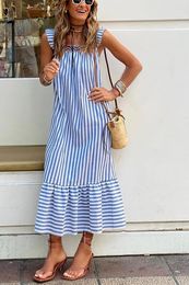 Casual Dresses Striped Print Dress Women Summer Off Shoulder Loose Waist Long Pullover Elegant 2023 Beach Vestidos