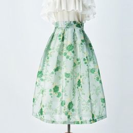 Skirts Summer Thin Floral Print High Waist Organza A-Line Midi Women With Lining Zipper Medium-Length Green Ladies Clothes