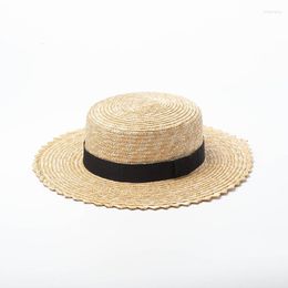 Wide Brim Hats X274 Adult Wheat Straw Hat Edge Sun Flat Top Ribbon Decorative Sunshade Beach Cap Summer Jazz Caps