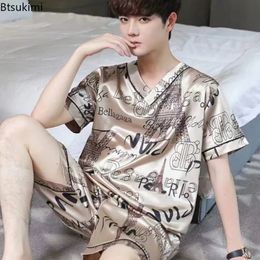 Men's Sleepwear Summer Men's Pyjamas Silk Satin Pullover Shorts Two Piece Set Sleepwear Male Pyjama Home Clothes Nightwear Men Sleep Lounge 230724