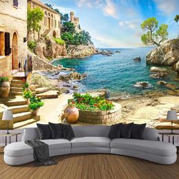 Personalizzato 3D Po Carta Da Parati Castello Giardino Vista Mare Pittura Murale Soggiorno Divano Camera Da Letto Decorazione Della Parete Murale Papel De Parede 3D250V