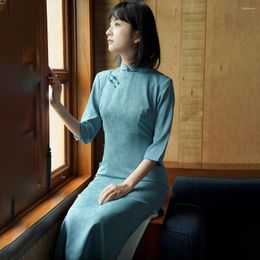 Ethnic Clothing 2023 Women Vintage Blue Cheongsam High-fashion Long Sleeve Lined Female Dress Elegant Costumes Qipao S To 2XL S2174