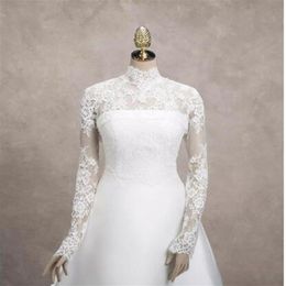 2016 High Neck Bridal Wraps Cheap Fashion Wedding Bridal Jackets Long Sleeve White Lace Wedding Wraps 224Q