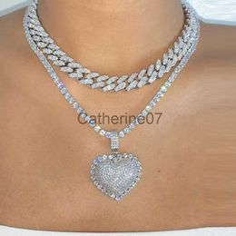 Pendant Necklaces 2021 Iced Out Bling Women Jewellery Micro Pave 5A Cz Cubic Zirconia Big Heart Pendant Tennis Chain Sparking Necklace J230725