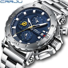 Wristwatches CRRJU Watch for Men Top Brand Luxury Big Dial Stainless Steel Waterproof Chronograph with Date Relogio Masculino 230724