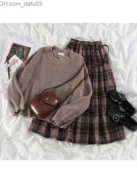 Two Piece Dress Two Piece Dress Autumn Winter Suits Plus Size Women Knit Sweater Plaid Skirt Sets Fashion Dresses Long sleeves Skirts 221010 Z230725