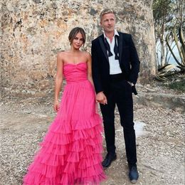 Hot Pink A-Line Prom Dress 2023 Sweetheart Ruffles Tiere Sleeveless Bohemian Womens Evening Party Gown 326 326