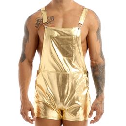 MSemis Mens Fashion Shiny Metallic Bib Overall Suspender Short Prom Club Rave Festival Clothing Jazz Hip Hop Pole Dance Shorts