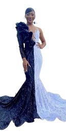 Unique Bicolor Mermaid Prom Dresses V-neck One Shoulder Long Sleeve Column Evening Gowns