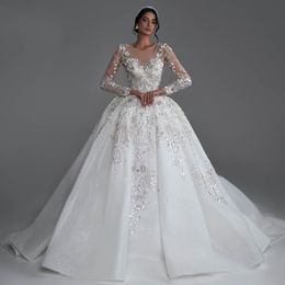 Abiti da sposa principessa di lusso 2023 O-Collo manica lunga Robe De Mariee Glitter abito di sfera in rilievo di pizzo Vestido De Novia