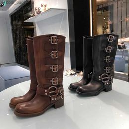 Boots Thick Heel Big Toe Knee Long Boots Belt Buckle Cowhide Zipper Motorcycle Boots Square Toe Ankle Boots Women's Luxury Designer Shoes box Z230726