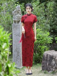 Ethnic Clothing Elegant Mandarin Collar Long Style Satin Cheongsam Women Sexy Chinese Traditional Handmade Buttons Short Sleeve Qipao