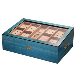 Cigars Box Lake Water Blue Multilayer Partition Large Capacity Perspective Cedar Wood Cigar Humidor Case Factory Direct Sale