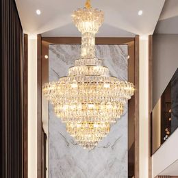 American Large Gold Crystal Chandeliers Lights Fixture Modern Luxury Golden Chandelier European Big Long Stairway Droplight Hotel Hall Home Indoor Lighting Decor