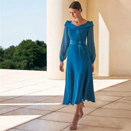New Blue A Line Mothe's Dresses Tea Length Long Sleeve Chiffon Prom Gown for Wedding Cap Shoulder Short Formal Evening Party Gowns