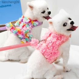 Dog Leash Breathable Stereo Pink Flower Harness Pet Cat Dog Leash Set Puppy Vest Harness Leashes For Chihuahua Yorkshire Terrier L230620