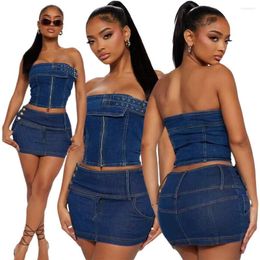 Skirts 2 Piece Set Denim Women Zipper Front Strapless Crop Top And High Side Bodycon Mini Skirt Summer Streetwear Jeans Outfit
