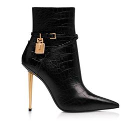 Perfect boots women ankle boots thin heel brand designer woman Belt boot padlock and gold heeled pointy toe dress Tom fords wedding party gift with box