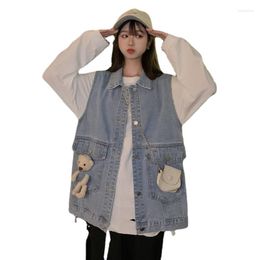 Women's Vests 2023 Student Pure Colour Denim Jacket Female Preppy Style Sleeveless Waistcoat Vest Spring Autumn With Cute Bear Doll