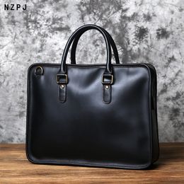 Briefcases NZPJ Men s Briefcase Leather Handbag Retro Top Layer Cowhide Laptop Bag Crazy Horse Shoulder Messenger Luxury 230724