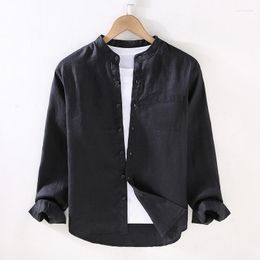 Men's Casual Shirts Natural Linen Blend Breathable Chinese Style Small Stand Collar Retro Long Sleeved Shirt