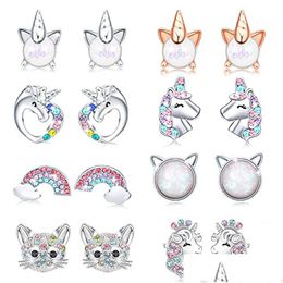 Stud Cute Unicorn Earrings For Little Girl Kids Crystal Cat Butterfly Rainbow Heart Star Earring Christmas Gift Jewellery Drop Delivery Dhbjz