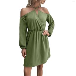 Casual Dresses Women's Off The Shoulder Halter V Neck Long Sleeved Solid Color Mid Length Summer Fitted For Women