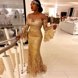 Gold Sequin Mermaid Evening Dresses with Poet Long Sleeve Sheer Neck Formal Dress Cheap Prom Dress Plus Size279P