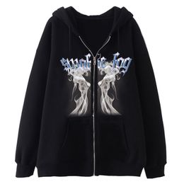 Womens Hoodies Sweatshirts Gothic Graphic Print Jackets Women Y2K Zip Up Streetwear Hip Hop Tops Loose Harajuku Casual Coats 230724