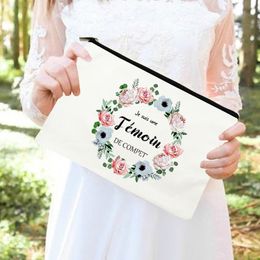 Temoin Flower French Printed Bridesmaid Cosmetic Case Women Make Up Bag Travel Toiletries Organizer Wedding Gifts for Witness