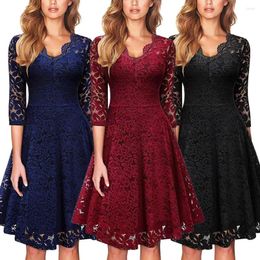 Casual Dresses 2023 Elegant Lace Evening Party Dress Women V-Neck 3/4 Sleeve Ladies Vintage Formal Prom Gown Swing Midi