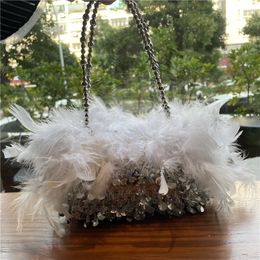 Evening Bags Luxury Gray Ostrich Feathers Sequin Women HandBags Party Clutches Bag Lady Cha Dinner Shoulder Purses 230725