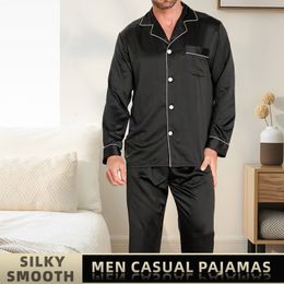 Men's Sleepwear Men Ice Silk Pajamas Sleepwear Pajama Sets Nightclothes Black Blue L XXL 3XL 4XL Long Sleeves Long Pants Smooth Solid Color 230724