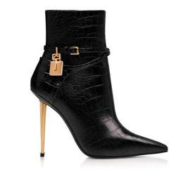 Luxury boots women ankle boots heeled thin designer woman pointy Belt boot padlock and gold dress wedding party gift