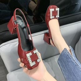 Dress Shoes Summer Women Pumps Rhinestone Square Buckle Middle Heel Mary Jane For Square-toe PU Leather Chunky Sandals