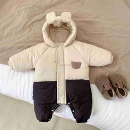 Down Coat 2023 Winter Ins Korean Baby Boys Rompers Cotton Padded Plus Velvet Thick Infant Boys Bodysuit Hooded Warm Toddler Boys Outfits HKD230725
