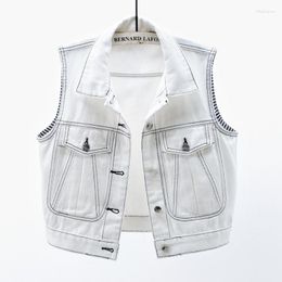 Women's Vests Spring Summer Big Pocket Denim Vest Women Casual Slim Short Cowboy Waistcoat White Black Blue Sleeveless Jeans Female