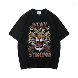 Men's T Shirts Men Fashion T-shirt Vintage Style Tiger Printed Retro Wash Black Summer Casual Oversized Shirt