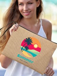Hello Summer Linen Clutch Bag Women's Makeup Bags Beach Holiday Sunglasses Sunscreen Storage Pouches Travel Wash Organizer Gifts