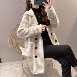 Women's Fur 2023 Imitation Mink Coat Women Casual Loose Office Lady Elegant Turn-Down Collar Houndstooth Knitted Female Korean Jackets