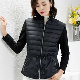 Women's Down Parkas 2022 new style stitching light and short down jacket women's drawstring waist fashion black and white long-sleeved coat HKD230725