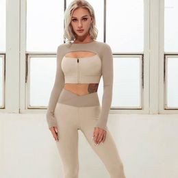 Active Sets Sport Set Women Push Up Yoga Wear 2023 Lycra Training Suit For Fitness Long Sleeve Crop Top Leggings Gym Khaki