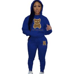 Women Tracksuits Two Piece Set Autumn And Winter Plush Thickened Hooded Bear Pattern Sweater Trousers Casual Sports 30 colors