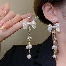 Stud Earrings Retro Long Bow Tie Pearl Tassel For Women With A High-end Temperament