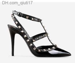 Dress Shoes Designer Pointed Toe 2-Strap with Studs high heels Patent Leather rivets Sandals Women Studded Strappy Dress Shoes valentine high heel Shoes Z230725