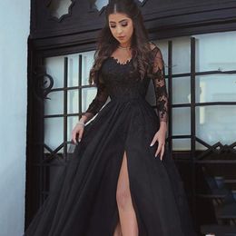 2020 Amazing Black Prom Dresses Long Sheer Tulle Dress Sexy Split Side and Backless Appliques Dresses Evening Women Party Gowns348g