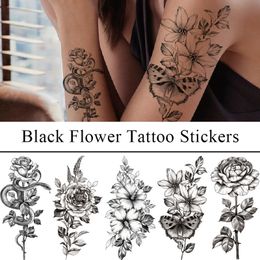 Sexy Peony Tattoos Temporary Women Adult Flower Arm Tattoos Sticker Waterproof Black Fake Floral Bloosom Body Leg Art Tatoos